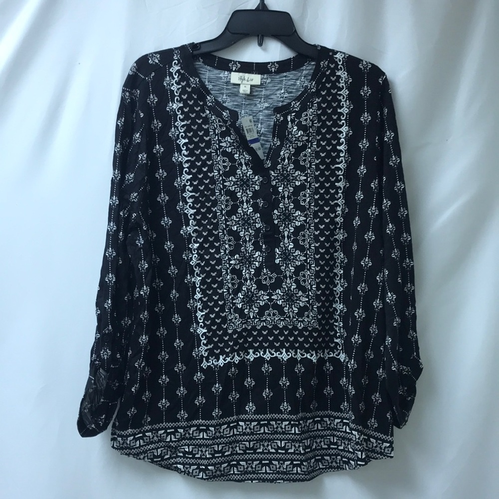 Style and company mixed print roll tan sleeve top women
